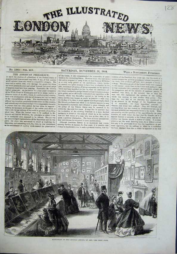 Original Old Antique Print 1864 Exhibition Lincoln School Art Paintings Gallery