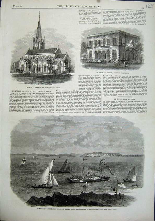 Original Old Antique Print 1864 Church India Thomas School Calcutta Weston Mare