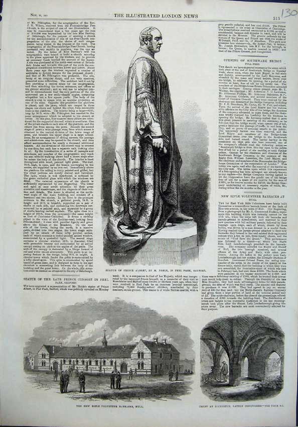Old Antique Print Statue Prince Albert Salford 1864 Crypt Rochester Rifle 19th
