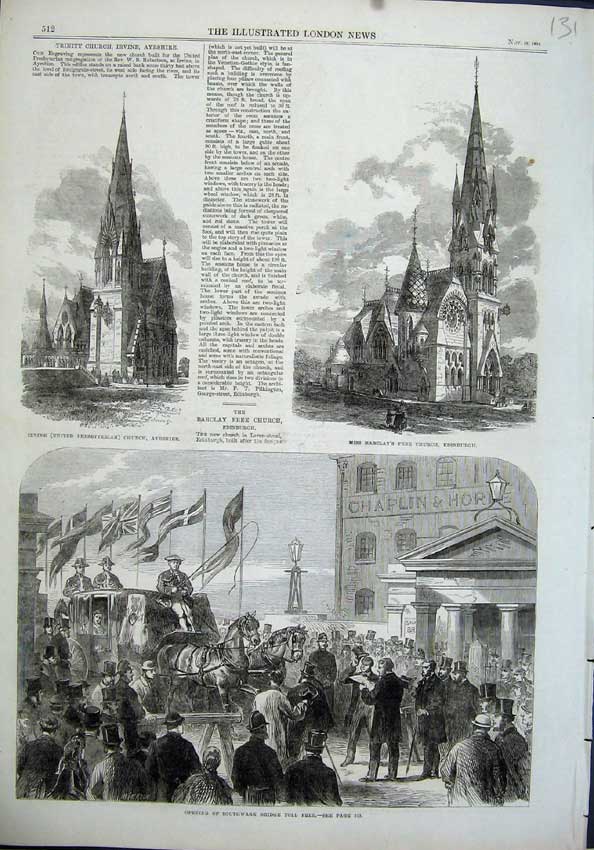 Original Old Antique Print 1864 Church Irvine Barclay'S Church Edinburgh Bridge