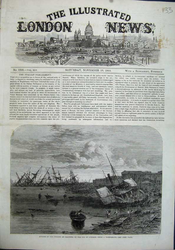 Original Old Antique Print 1864 Cyclone Calcutta Ruins Ship Wreck Buildings Art