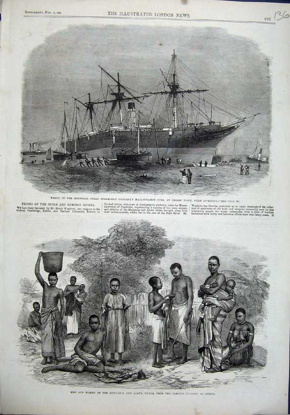 Old Antique Print 1864 Manganja Ajawa Tribes Zambesi Africa Ship Juba Art 19th