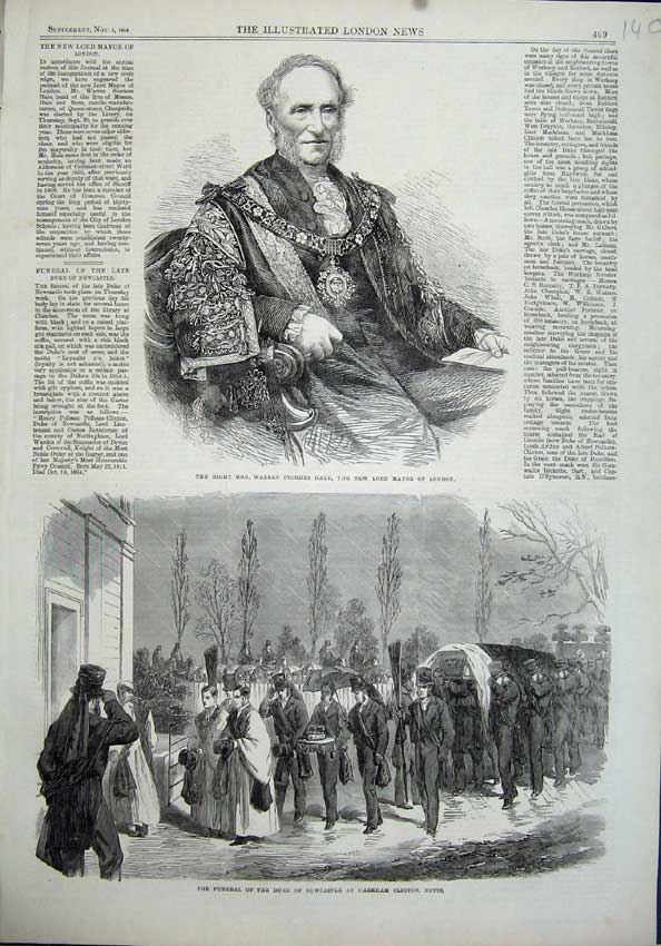 Original Old Antique Print 1864 Mayor London Warren Hale Funeral Duke Newcastle
