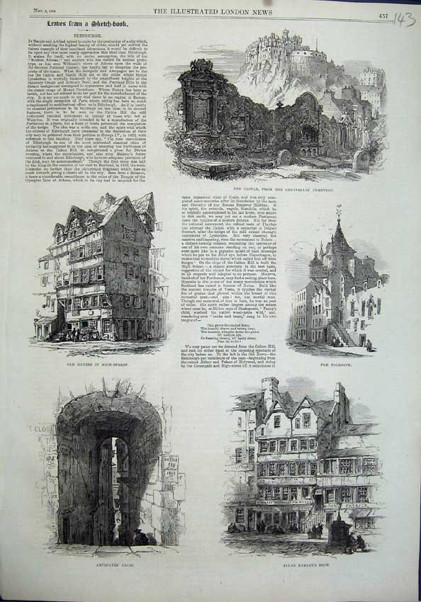 Old Antique Print 1864 Castle Greyfriars Edinburgh Tolbooth Houses Shop 19th