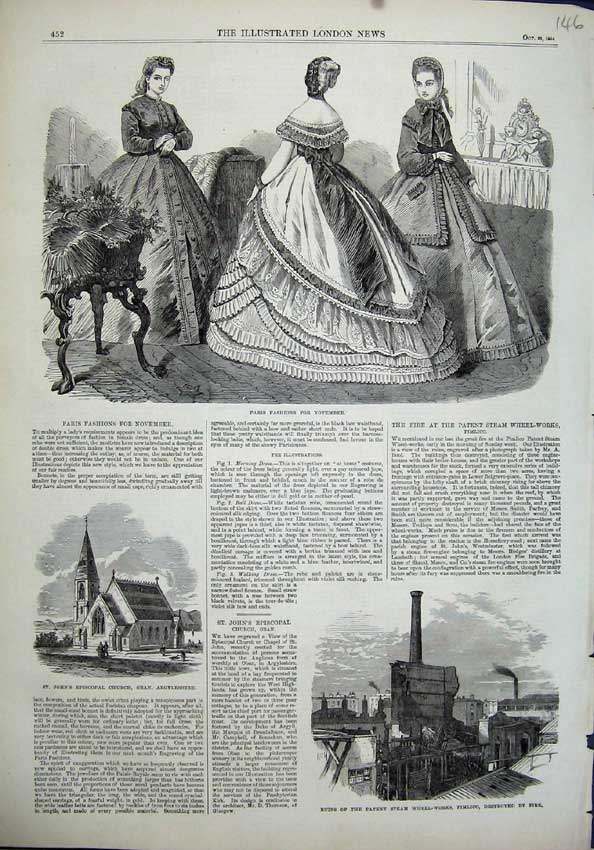Original Old Antique Print Paris Fashion 1864 Episcopal Church Oban Steam Works