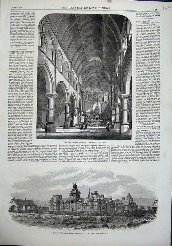Original Old Antique Print Catholic Cathedral York 1864 Government New Zealand