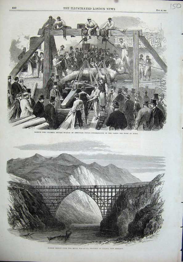 Old Antique Print Timber Bridge River Wai-Au-Ua Nelson New Zealand Rome