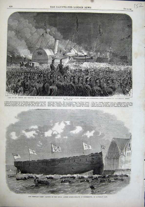 Old Antique Print Prince Wales Sweden Yacht Osborne 1864 Ship Alfred Flag 19th