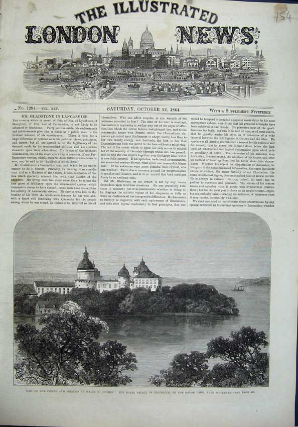 Old Antique Print 1864 Prince Wales Sweden Royal Palace Gripsholm Malar 19th