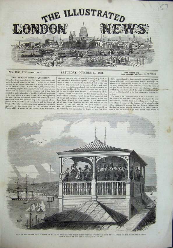 Old Antique Print 1864 Prince Wales Sweden Royal Stockholm Garden Ships 19th
