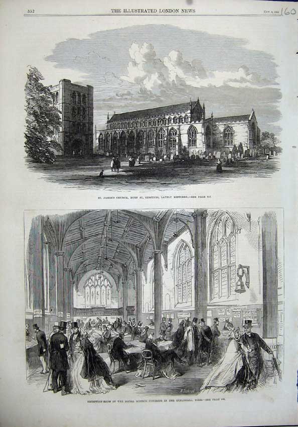 Old Antique Print 1864 James Church Bury Edmunds Guildhall York Congress 19th