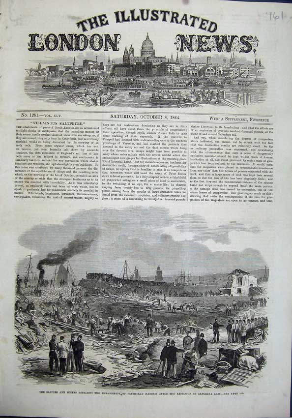 Original Old Antique Print 1864 Sappers Miners Plumstead Marshes Explosion War