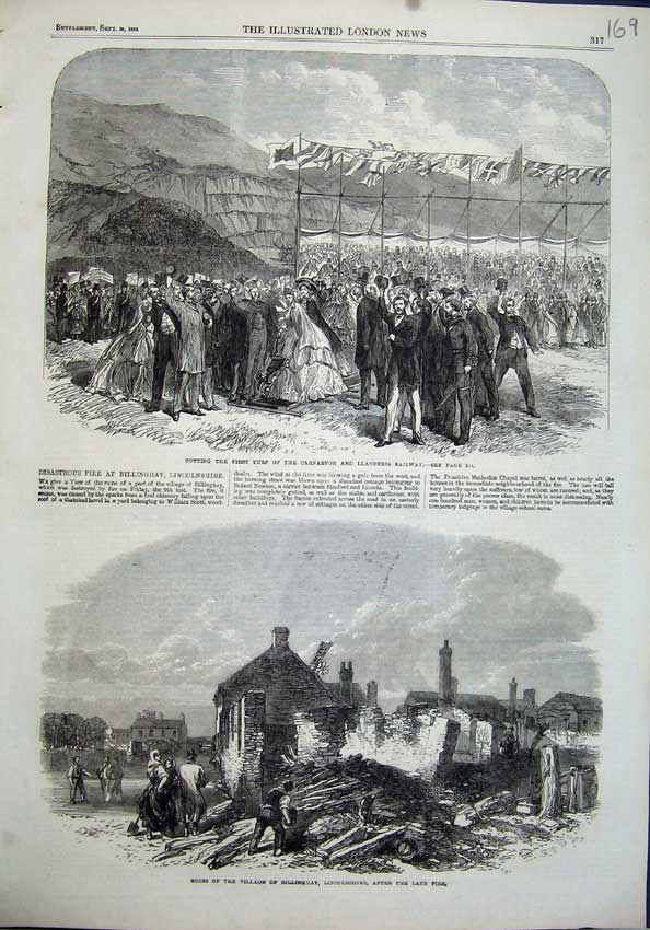 Old Antique Print 1864 Carnarvon Llanberis Railway Village Billinghay Art 19th