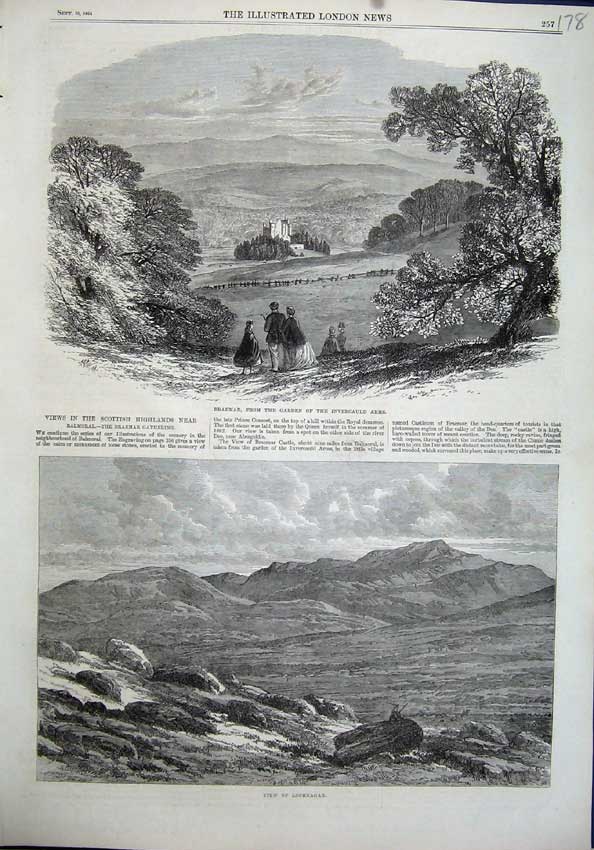 Old Antique Print 1863 Braemar Garden Invercauld Arms Scotland Lochnagar 19th