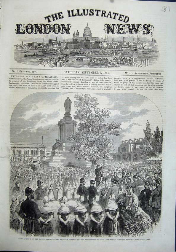 Old Antique Print 1864 Horticultural Society Garden Prince Consort Statue 19th