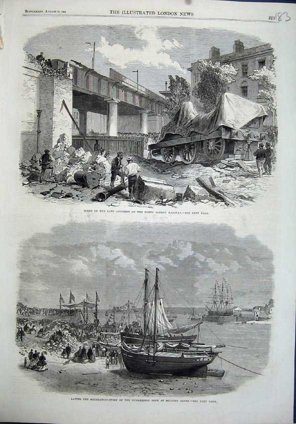 Original Old Antique Print 1864 Hubberston Dock Milford Accident London Railway