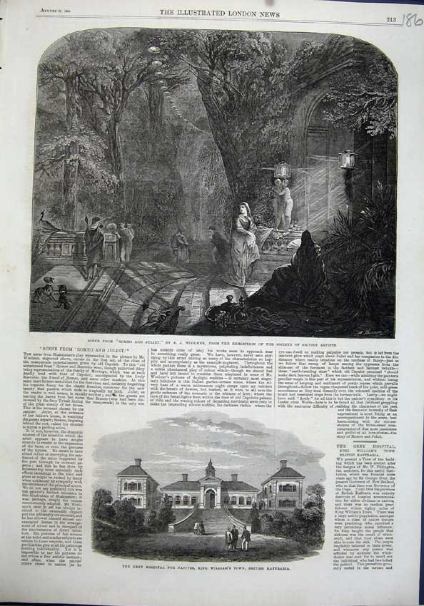 Old Antique Print 1864 Art Romeo Juliet Theatre Grey Hospital Kaffraria 19th