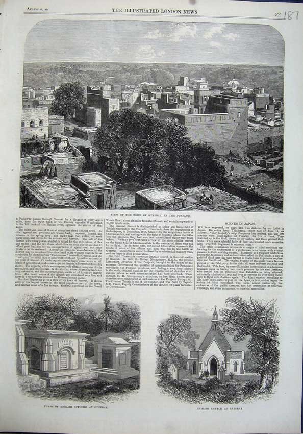 Old Antique Print Town Guzerat Punjab 1864 Tombs English Officers Church 19th