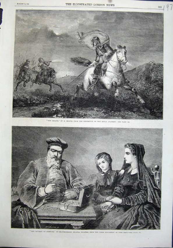 Original Old Antique Print 1863 Fine Art Horse Escape Siers Women Jewellery Man