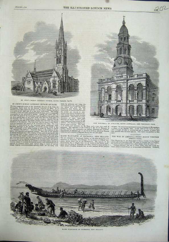 Old Antique Print Townhall Adelaide Australia 1864 Church Bath Maori War 19th