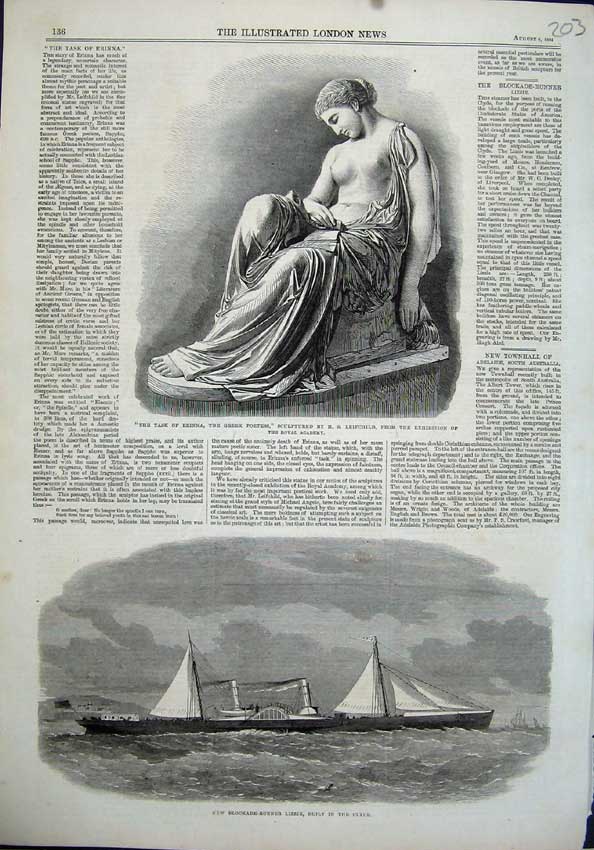 Old Antique Print 1864 Task Erinna Greek Poetess Statue Lizzie Steam Ship 19th
