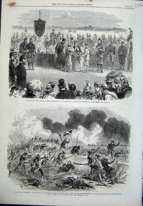 Old Antique Print 1864 Rifle Wimbledon Lady Elcho War America Texan James 19th
