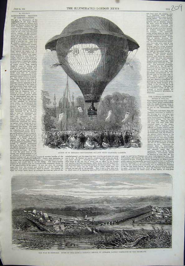 Old Antique Print 1864 Godard'S Montgolfier Balloon War Denmark Railway 19th