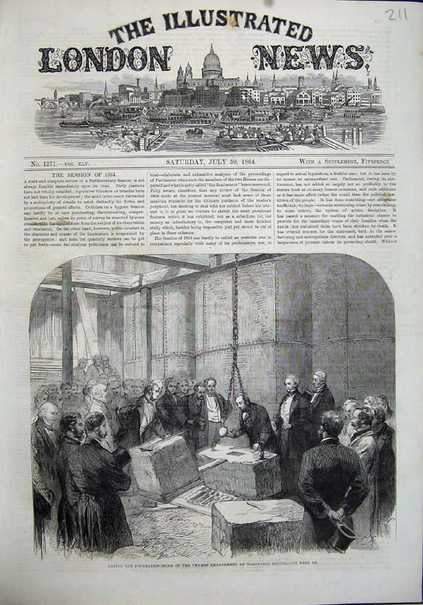 Old Antique Print 1864 Thames Embankment Whitehall Stair Foundation Stone 19th