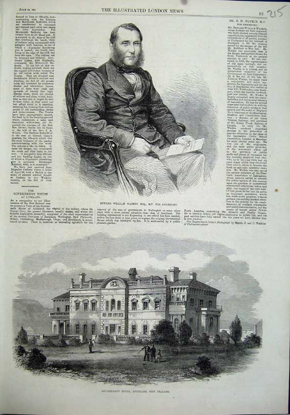 Old Antique Print 1864 Edward William Watkin Government New Zealand Art 19th