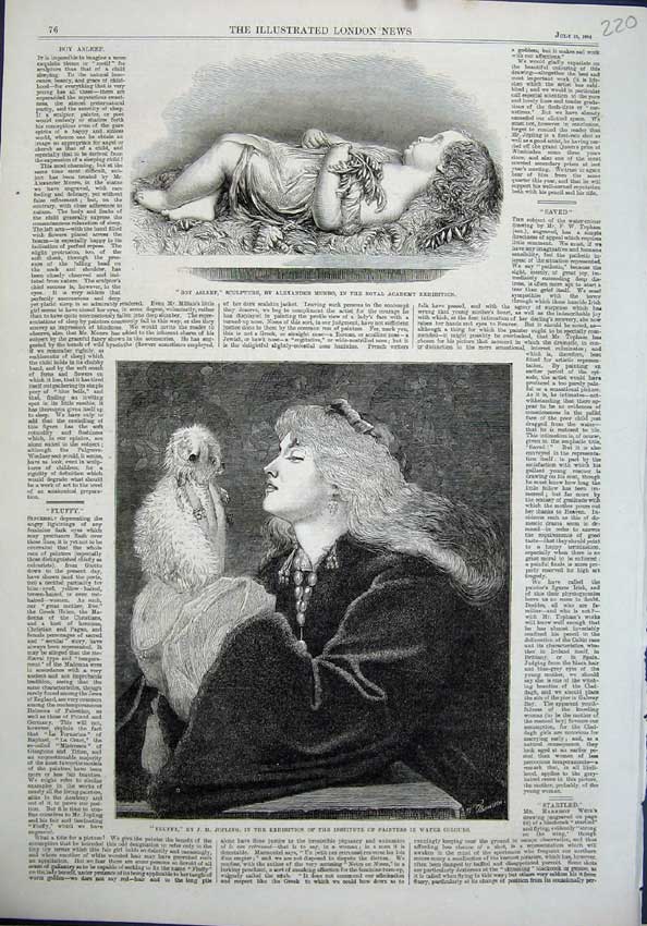 Old Antique Print 1864 Fluffy Portrait Young Woman Sculpture Boy Asleep 19th