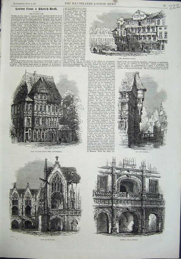Old Antique Print Brunswick 1864 Market Canal Houses Rath-Haus Portal Art 19th
