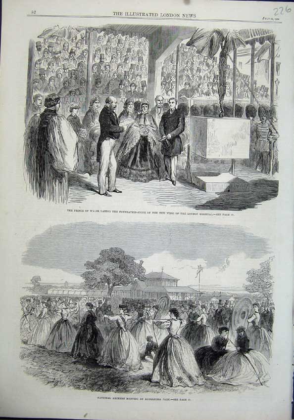 Original Old Antique Print Prince Wales London Hospital 1864 Archery Alexandra