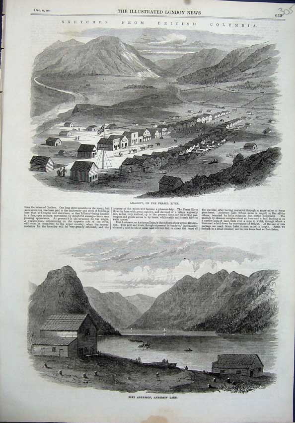 Old Antique Print Lilloett Fraser River 1864 Fort Anderson Lake Mountains 19th