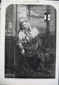 Original Old Antique Print Fine Art 1864 Man Sleeping Lamp Cloak Open Door 19th
