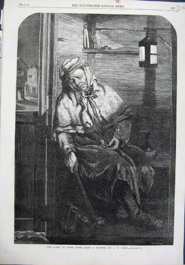 Original Old Antique Print Fine Art 1864 Man Sleeping Lamp Cloak Open Door 19th