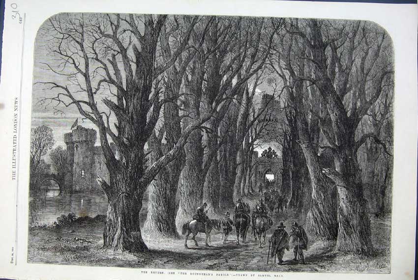 Original Old Antique Print Fine Art 1864 Roundhead'S Parole Castle Woods Night