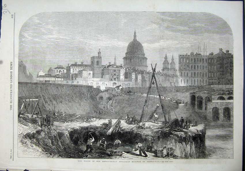 Original Old Antique Print 1864 Works Metropolitan Extension Railway Smithfield