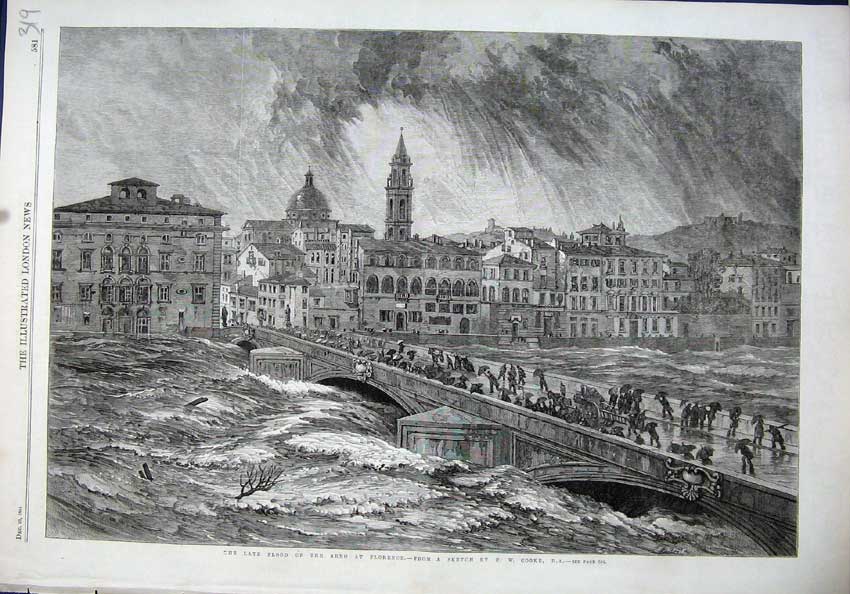 Old Antique Print 1864 Flood Arno Florence Bridge River Building Fine Art 19th