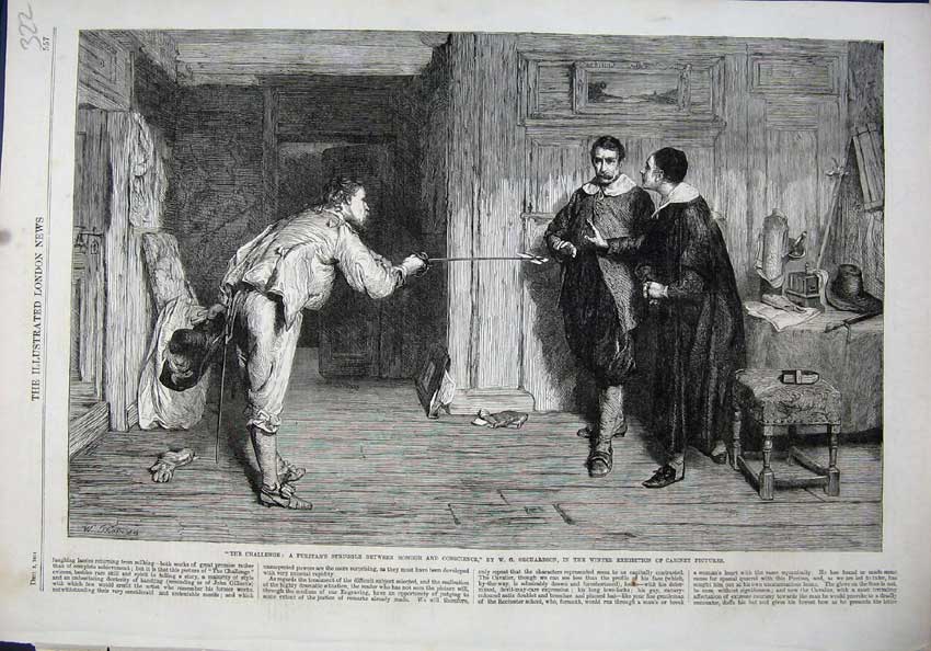 Original Old Antique Print 1864 Puritan'S Challenge Honour Sword Orchardson Art