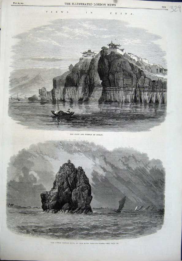 Old Antique Print China1864 Cliff Temple Hukau Orphan Rock Yang-Tze-Kiang 19th