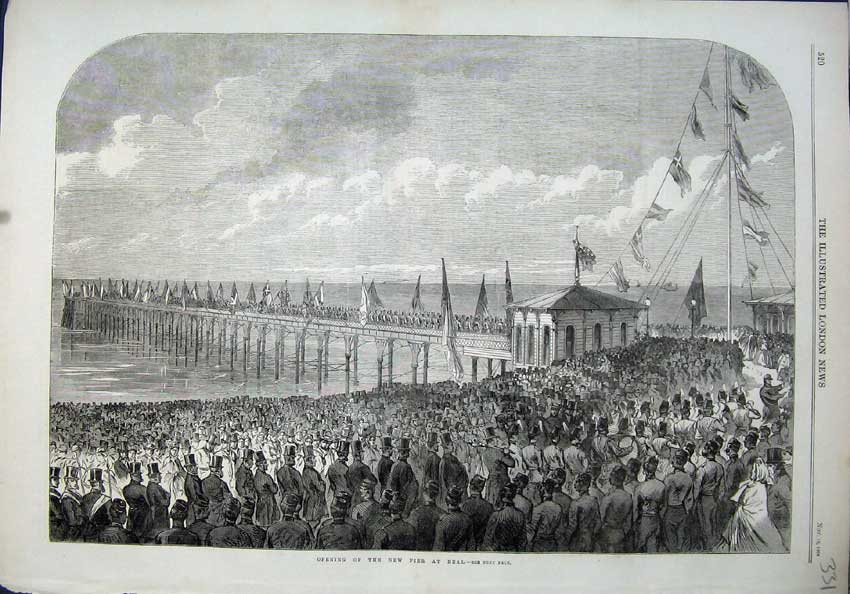 Old Antique Print 1864 View Opening New Pier Deal People Ceremony Flags 19th
