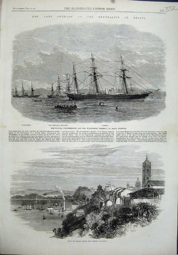Old Antique Print 1864 Brazil Bahia Public Garden Florida Wachusette Ship 19th