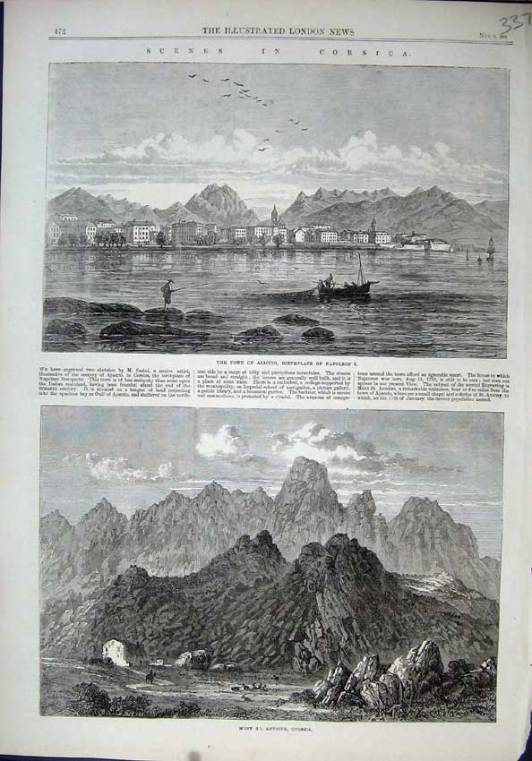 Old Antique Print Corsica 1864 Town Ajaccio Napoleon Mont Antoine Hills 19th