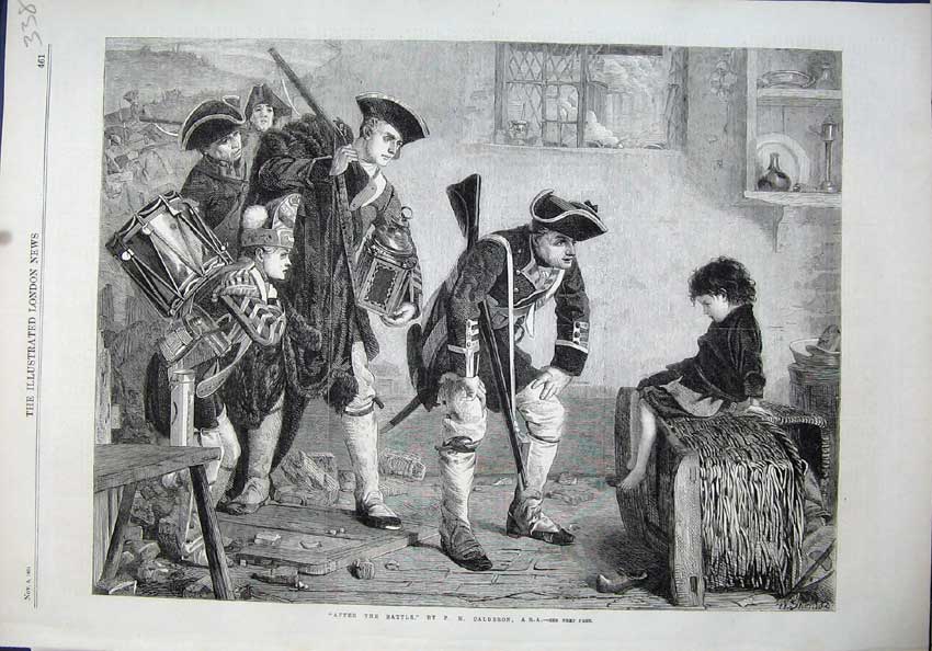 Original Old Antique Print 1864 War Siers Rifle Music Instruments Little Girl
