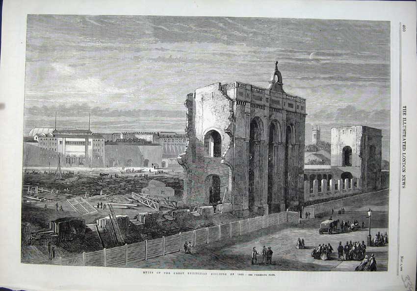 Original Old Antique Print Fine Art 1864 Ruins Great Exhibition Building People
