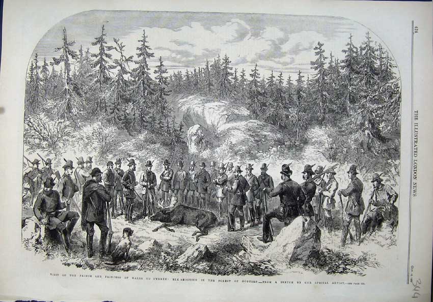 Original Old Antique Print 1864 Prince Wales Sweden Elk Shooting Forest Hogtorp
