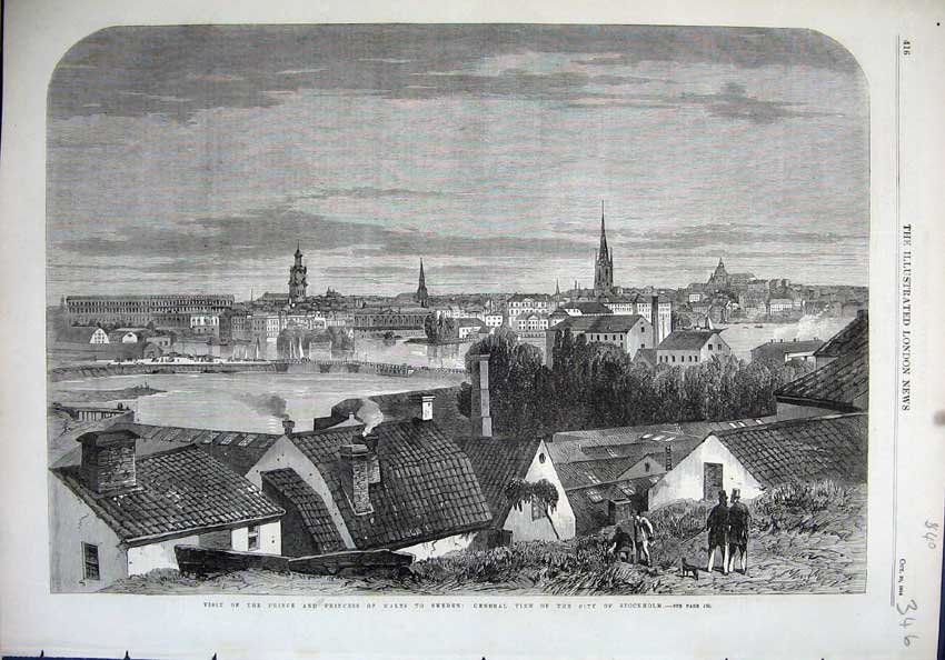 Old Antique Print 1864 Prince Wales Sweden View City Stockholm River Art 19th