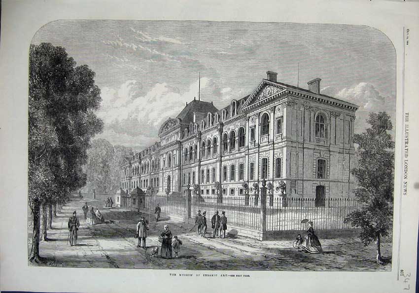 Original Old Antique Print 1864 View Museum Ceramic Art Building Street Jackson