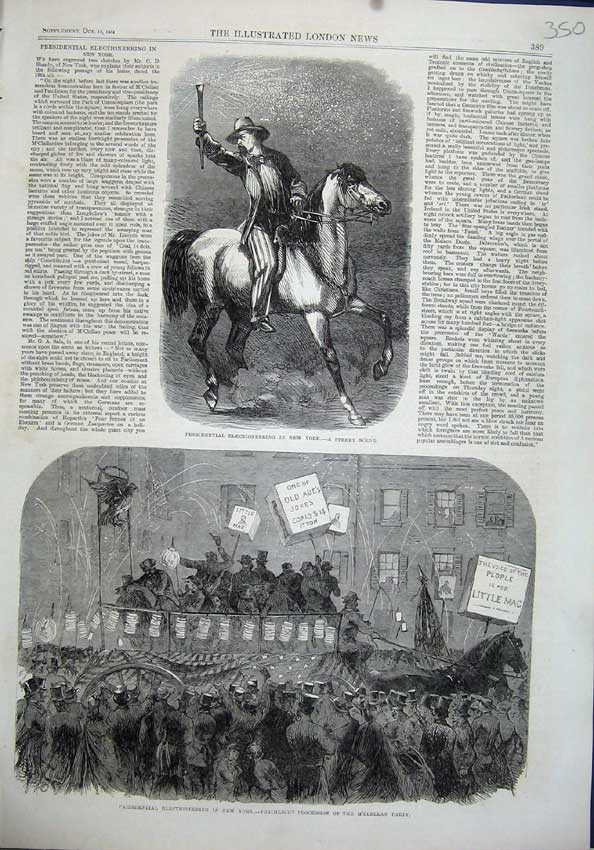 Old Antique Print 1864 Presidential Electioneering New York Horse Night 19th