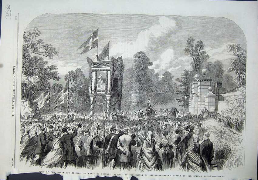Old Antique Print 1864 Prince Wales Denmark Castle Bernstorf Flags Sketch 19th